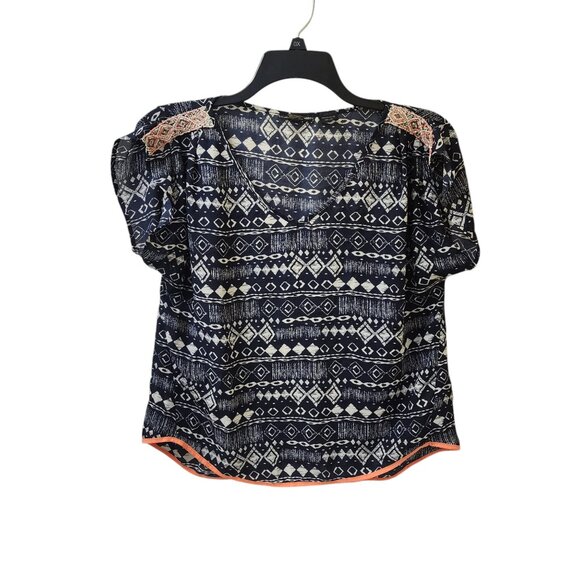 Miss Me Sheer Blue Geometric Tribal Beading on Sleeve Top Women's Small Oversize - Picture 1 of 7